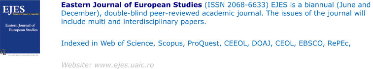 Eastern Journal of European Studies (ISSN 2068-6633) EJES is a biannual (June and December), double-blind peer-reviewed academic journal. The issues of the journal will include multi and interdisciplinary papers.  Indexed in Web of Science, Scopus, ProQuest, CEEOL, DOAJ, CEOL, EBSCO, RePEc,   Website: www.ejes.uaic.ro
