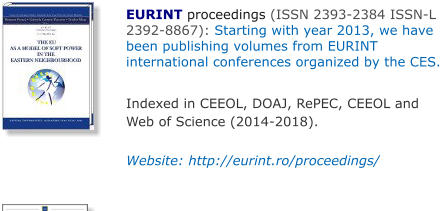 EURINT proceedings (ISSN 2393-2384 ISSN-L  2392-8867): Starting with year 2013, we have been publishing volumes from EURINT international conferences organized by the CES.   Indexed in CEEOL, DOAJ, RePEC, CEEOL and Web of Science (2014-2018).   Website: http://eurint.ro/proceedings/