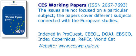 CES Working Papers (ISSN 2067-7693) The issues are not focused on a particular subject; the papers cover different subjects connected with the European studies.  Indexed in ProQuest, CEEOL, DOAJ, EBSCO, Index Copernicus, RePEc, World Cat Website: www.ceswp.uaic.ro